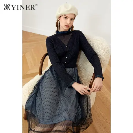 YINER音儿女装2021秋季新款拼接收腰网纱连衣裙图片