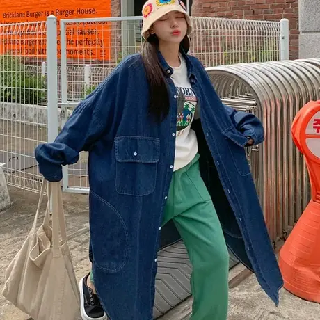 纯诗曼新款牛仔风衣外套女过膝长款韩版宽松大码时尚休闲牛仔衬衫图片