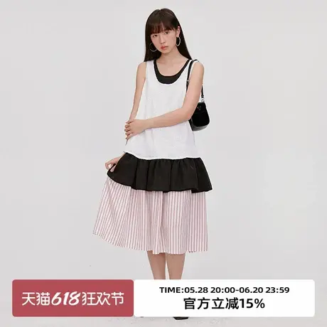 omont蛋挞家气质珠片假两件背心连衣裙2025夏季复古宽松中长裙子图片