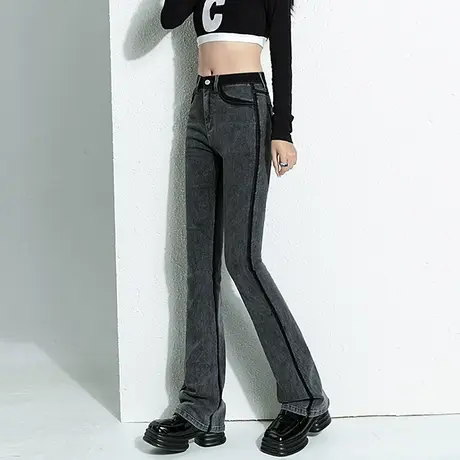 烟灰色微喇叭牛仔裤女冬2023年新款高腰设计感小众小众撞色马蹄裤图片