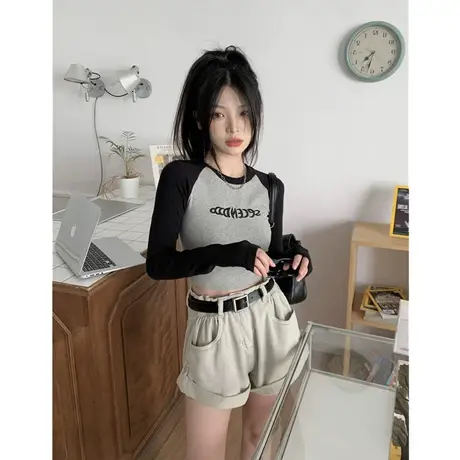 撞色插肩刺绣长袖t恤女2024春秋冬新款拼接内搭短款打底衫上衣女图片