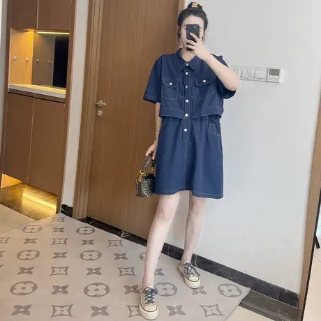 大码女装2024夏季新款设计感小众假两件牛仔连衣裙显瘦短袖POLO领图片