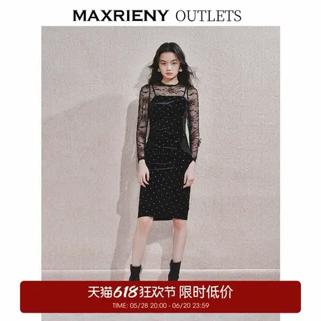 【奥莱】MAXRIENY黑色百搭复古波点泡泡袖连衣裙赫本风裙子图片