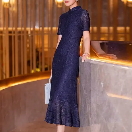 夏季蕾丝连衣裙女2025年新款气质端庄国风蓝色短袖立领鱼尾a字裙图片