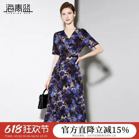 海青蓝 短袖裙子夏装女装2025新款v领时尚漂亮气质海边连衣裙女图片