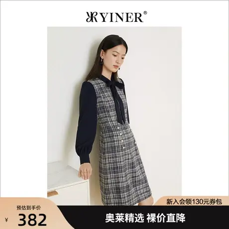 YINER音儿女装2022春季新款格纹拼接蝴蝶结棋盘格连衣裙图片
