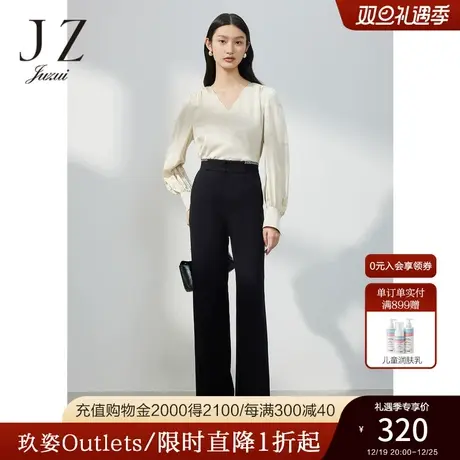 JZ玖姿直筒开衩休闲裤子女装2023春季新款小众棋牌格子裤黑色图片