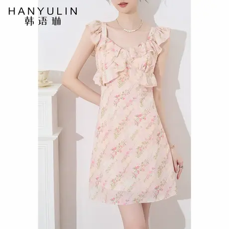 法式连衣裙女2025新款夏季设计感小众气质高级感粉色碎花收腰裙子图片