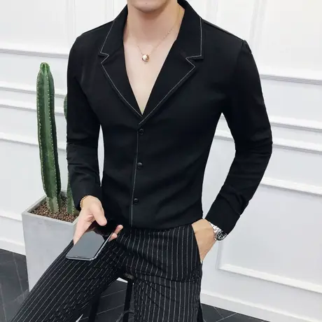 高级感长袖衬衫男士潮流休闲西装领纯色百搭上衣DK男装痞帅白衬衣图片
