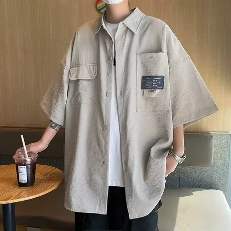 短袖衬衫男夏季冰丝衬衣男生上衣服潮牌潮流夏天休闲工装外套寸衫图片