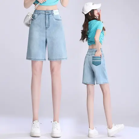 浅色五分牛仔短裤女2023夏季薄款刺绣复古时尚高腰显瘦洋气直筒裤图片