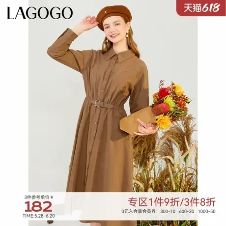 LAGOGO翻领腰带显瘦连衣裙女拉谷谷冬季新款美拉德穿搭A字中长裙图片