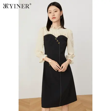 YINER音儿女装2021秋季新款荷叶领拼接连衣裙图片