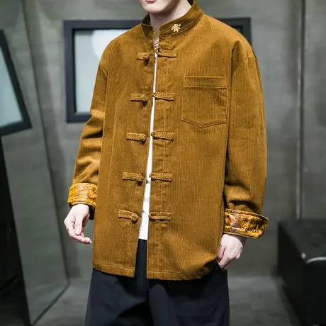 2023秋季长袖衬衫男中国风大码灯芯绒复古中式唐装盘扣上衣服男装图片