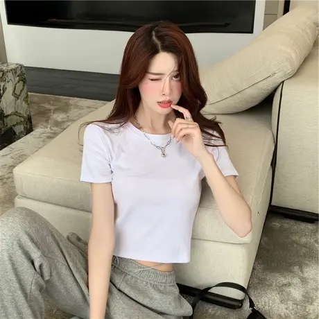 2023年春夏季新款女装设计感小众短款上衣服ins潮白色短装短袖t恤图片