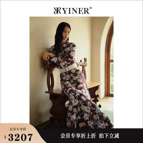 YINER音儿女装秋季法式优雅艺术印花桑蚕丝衬衫式连衣裙图片