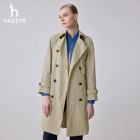 Hazzys哈吉斯宽松版双排扣中长款风衣女士春秋季英伦风通勤外套图片
