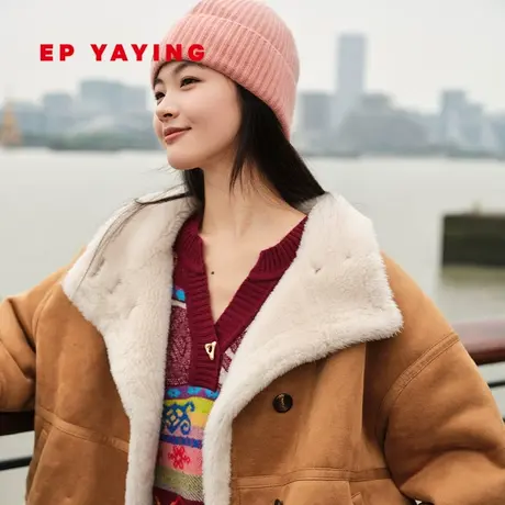 EP雅莹女装 环保皮草毛翻领短款咖色大衣外套 秋冬商场同款8602A图片