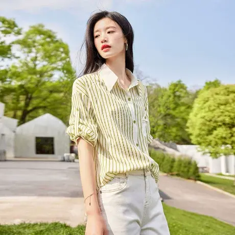 时尚气质条纹五分袖衬衫2023年夏季新款淑女温柔百搭宽松显瘦上衣图片