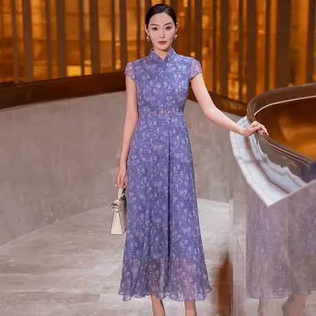 紫色印花连衣裙女2025夏季新款优雅端庄旗袍领修身新中式大摆裙子图片