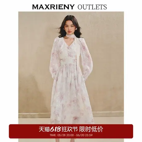 【奥莱】MAXRIENY复古氛围感连衣裙玫瑰印花长裙v领收腰图片