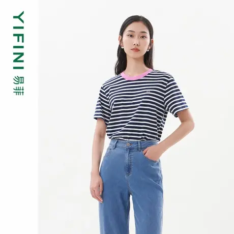 [专柜同款]Yifini/易菲宽松短款时尚短袖印花条纹T恤夏装新款商品大图