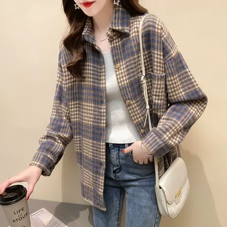 格子衬衫女韩版宽松2023新款学生百搭加厚外套复古港味秋装上衣潮图片