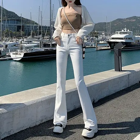 白色微喇牛仔裤女秋季2023年新款高腰显瘦裤子广州新塘chic喇叭裤图片