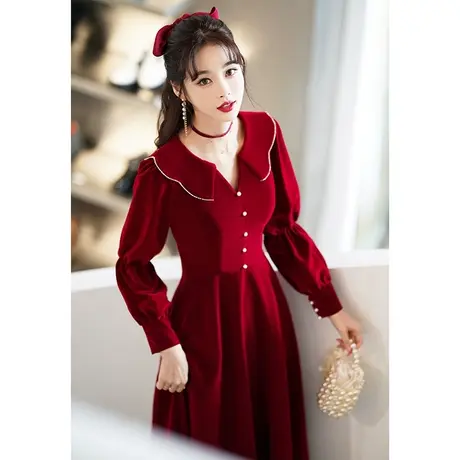 长袖敬酒服新娘2024新款秋冬季结婚订婚回门酒红色礼服可爱娃娃领图片