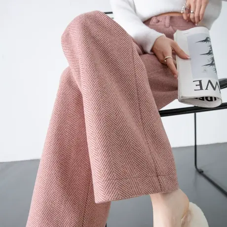 粉色毛呢裤子女秋冬季加厚保暖休闲裤呢子2023新款高腰直筒阔腿裤图片