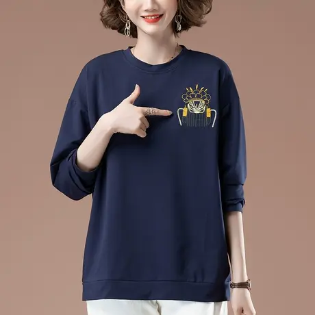 卫衣女春秋薄款加肥加大码女装宽松中年妈妈纯棉刺绣遮肚显瘦上衣图片