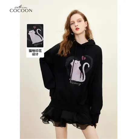 可可尼COCOON猫咪减龄卫衣裙2025夏季新款拼接网纱假两件连衣裙女图片