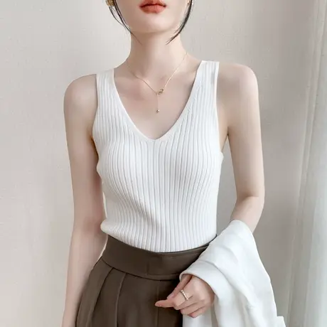 深V领吊带背心女夏季修身显瘦内搭外穿低领纯色坑条冰丝无袖上衣图片