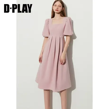 DPLAY夏新优雅气质灰粉色方领手工捏褶高腰泡泡袖连衣裙图片