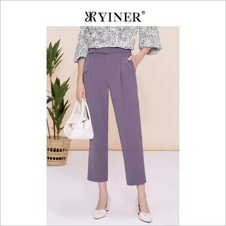 YINER音儿女装春季法式优雅时尚通配顺色腰带小脚休闲裤图片