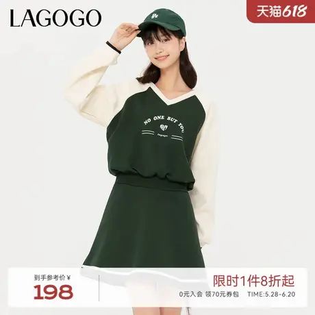 LAGOGO美式学院风V领连衣裙女拉谷谷春季新款休闲撞色插肩袖裙子图片
