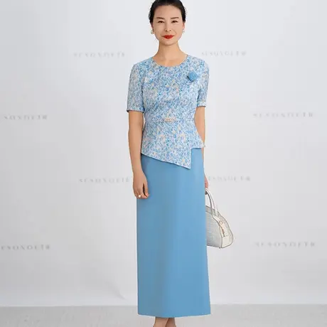 端庄大气连衣裙女2025夏季新款时尚气质收腰中长款假两件直筒裙子图片