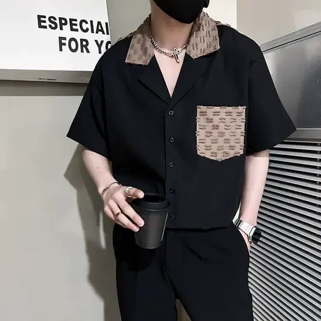 夏季男士个性潮流五分袖短袖衬衫2023夏上新翻领理发师男中袖衬衣图片