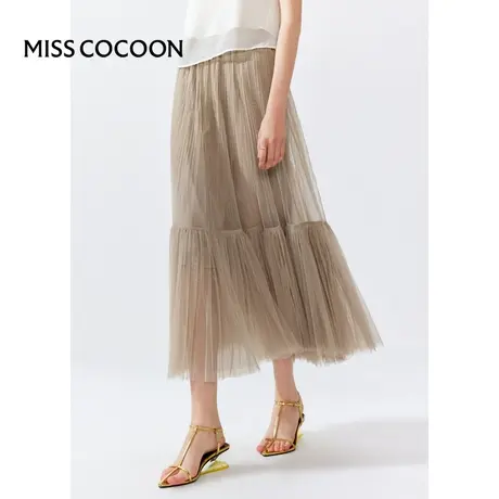 MISSCOCOON【高知touch】24春新款高腰A字版褶皱网纱半身裙图片