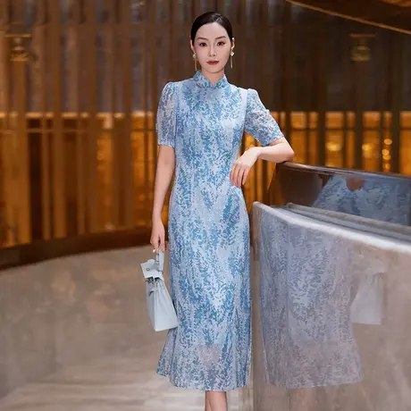 雪纺连衣裙女2025夏季新款气质复古短袖立领修身改良旗袍直筒裙子图片