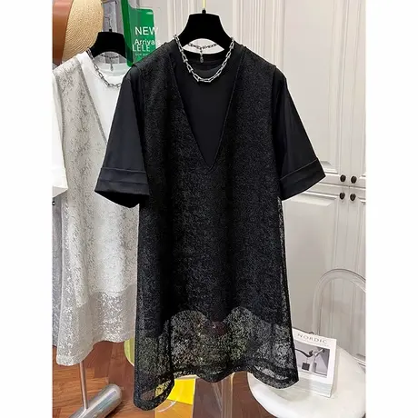 爵莱菲2025春夏新款法式复古蕾丝拼接假两件短袖连衣裙女大码胖mm图片