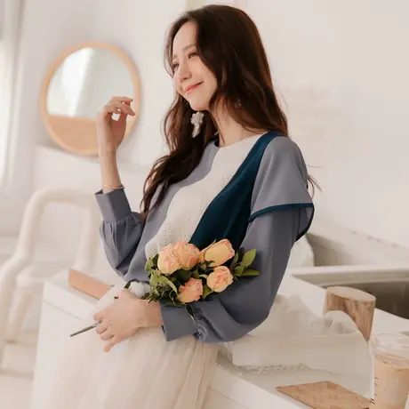 桔熊春秋季通勤蕾丝不对称荷叶边长袖上衣女装胖妹妹大码AB16197图片