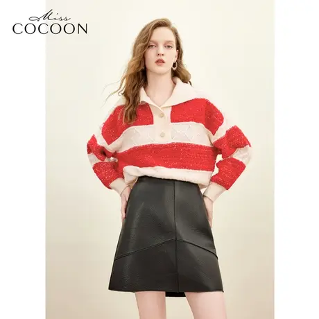MISSCOCOON羊毛POLO领条纹针织衫女2023冬新款毛衫红色上衣冬图片