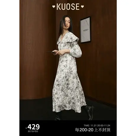 阔色法式复古大翻领碎花连衣裙女2023夏季新款气质长袖裙子图片