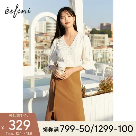 伊芙丽衬衫女设计感小众2021秋季新款白色v领甜美小上衣法式衬衣图片