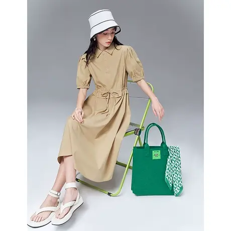 TOYOUTH初语卡其色连衣裙女2022夏季新款泡泡袖收腰设计休闲裙图片