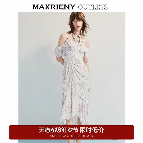 【奥莱】MAXRIENY优雅一字肩吊带连衣裙浪漫印花茶歇长裙图片