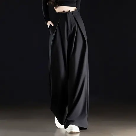 黑色阔腿西装裤子女2025新款夏季垂坠感褶皱蕾丝高腰直筒休闲长裤图片