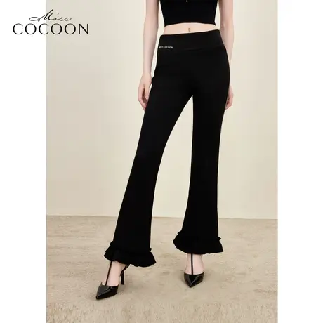 MISSCOCOON黑色木耳边运动休闲裤女2023秋季新款复古微喇直筒裤冬图片