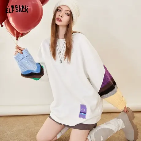 妖精的口袋撞色拼接加绒卫衣外套女2022秋冬季新款圆领松弛设计感图片